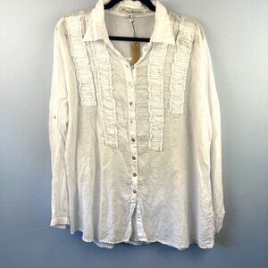 JP and Matti White Cotton Gauzy Button Front Ruffle Shirt Size XL Boho